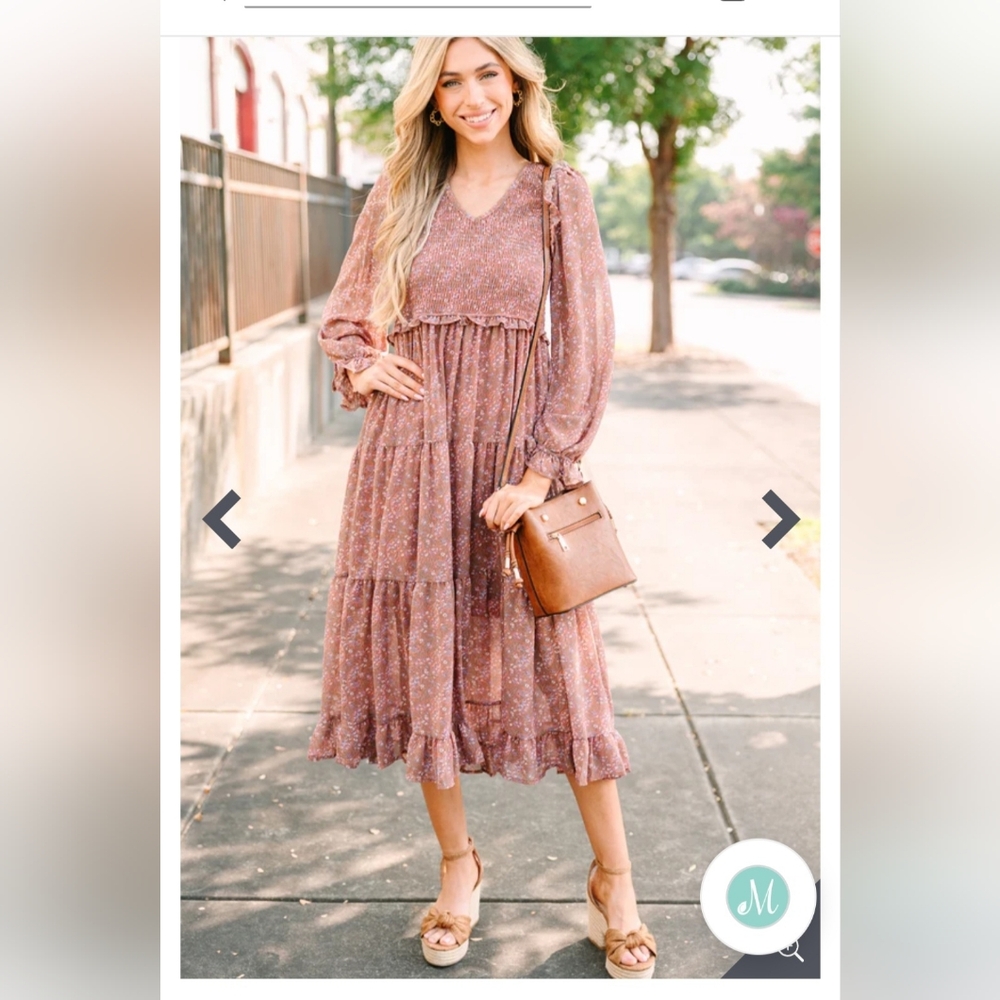 Long Sleeve Floral Tiered Midi Dress in Dusty Rose